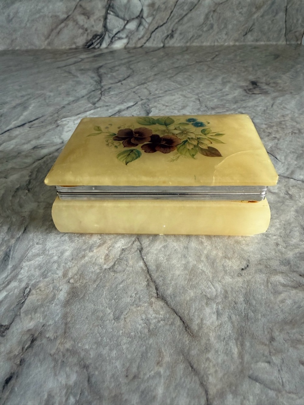 Solid Alabaster TrinKet Box Made In Italty Floral Decorative Box